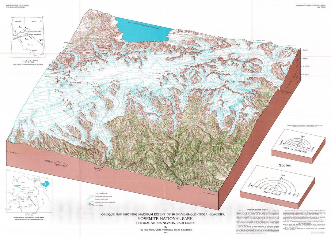 Map : Oblique map showing maximum extent of 20,000-year-old (Tioga) glaciers, Yosemite National Park, central Sierra Nevada, California, 1987 Cartography Wall Art :