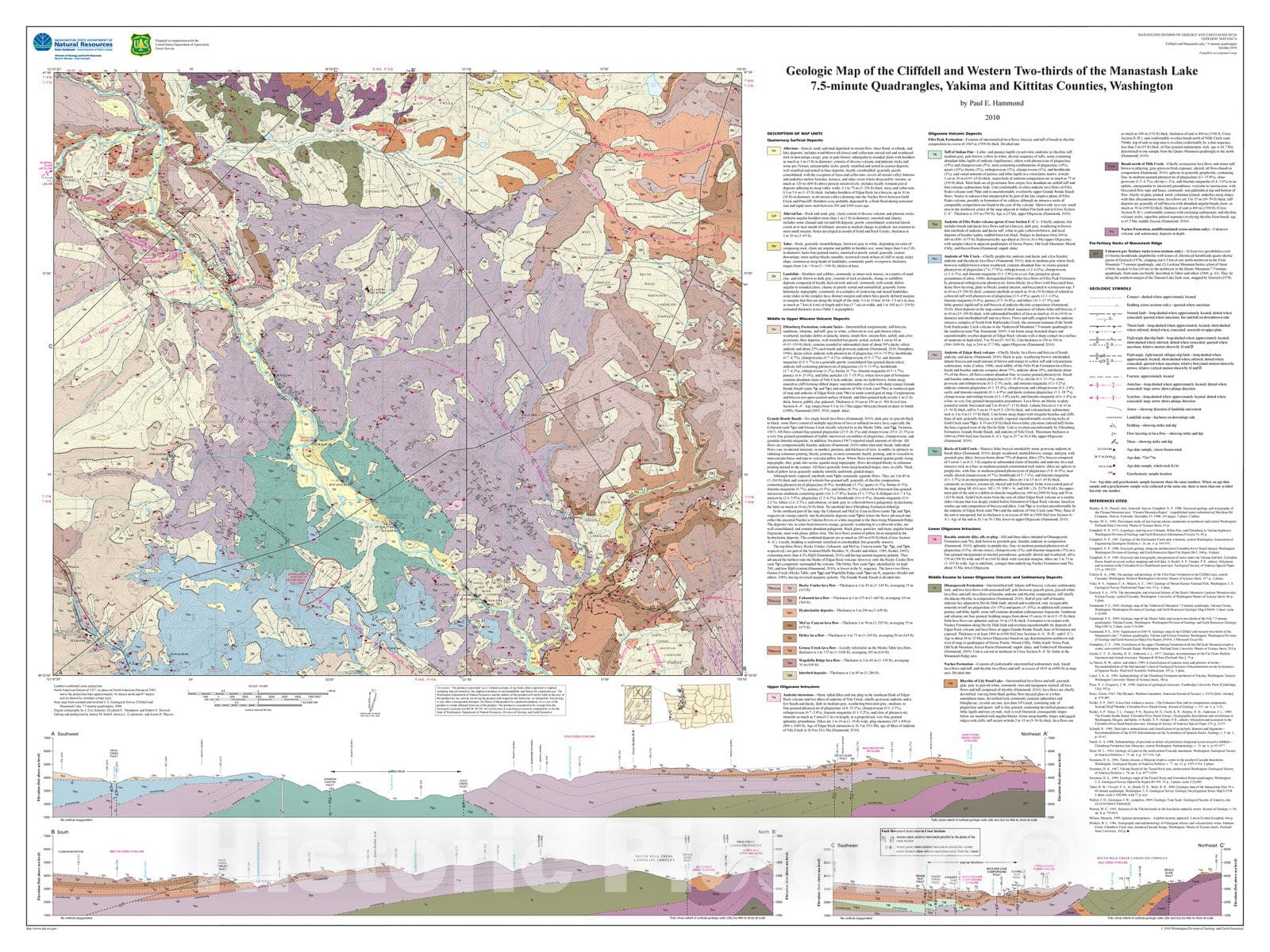 Map : Geologic map of the Cliffdell and western two-thirds of the Manastash Lake 7.5-minute quadrangles, Yakima and Kittitas Counties, Washington, 2010 Cartography Wall Art :