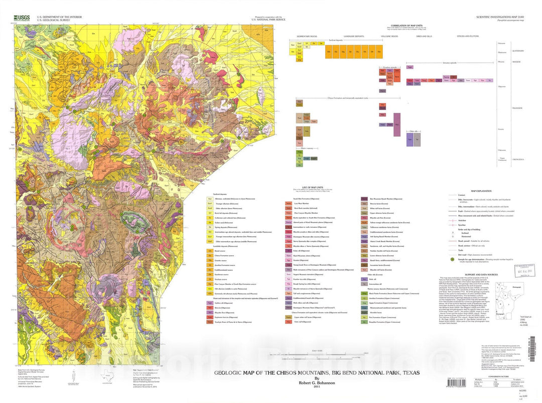 Map : Geologic map of the Chisos Mountains, Big Bend National Park, Texas, 2011 Cartography Wall Art :