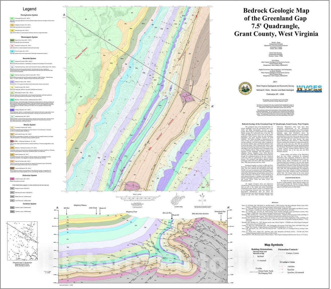 Map : Bedrock geologic map of the Greenland Gap 7.5' quadrangle, Grant County, West Virginia, 2011 Cartography Wall Art :