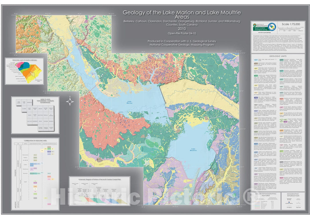 Map : Geology of the Lake Marion and Lake Moultrie Area, Berkeley, Calhoun, Clarendon, Dorchester, Orangeburg, Richland, Sumter,, 2010 Cartography Wall Art :