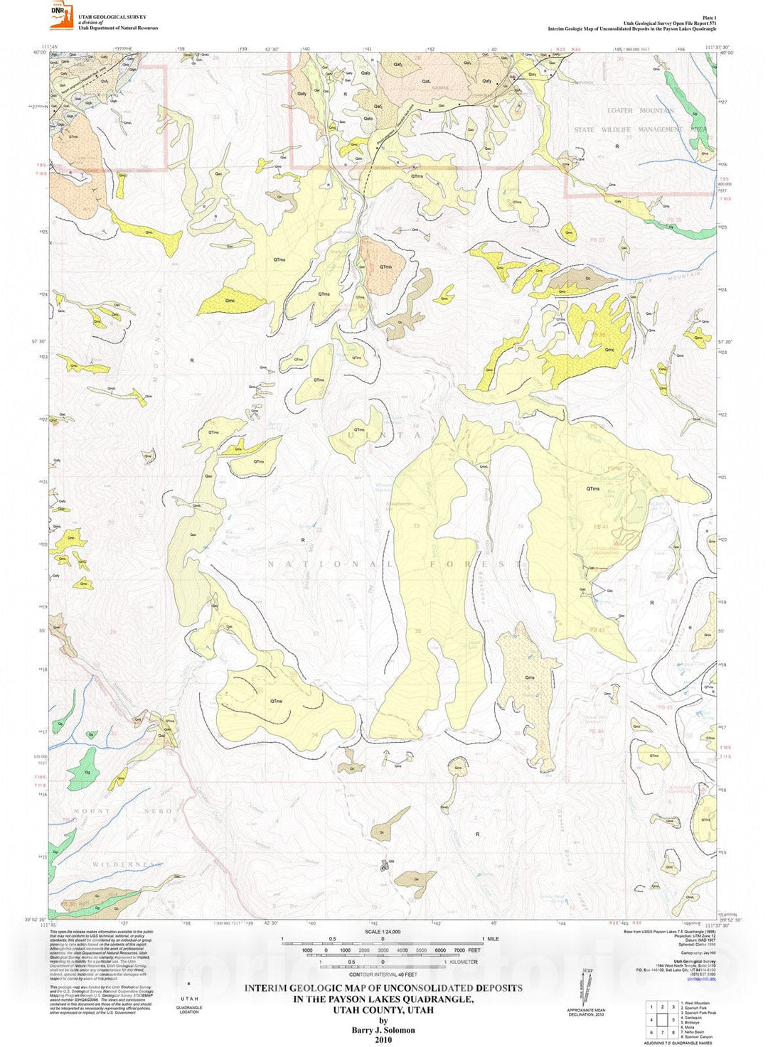 Map : Interim geologic map of unconsolidated deposits in the Payson Lakes quadrangle, Utah and Juab Counties, Utah, 2010 Cartography Wall Art :