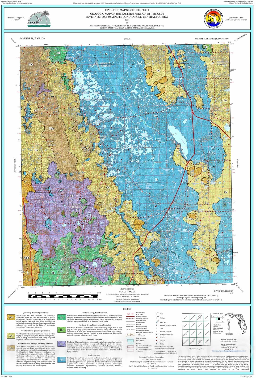 Map : Geologic map of the eastern portion of the USGS Inverness thirty x sixty minute quadrangle, central Florida [3 plates], 2011 Cartography Wall Art :