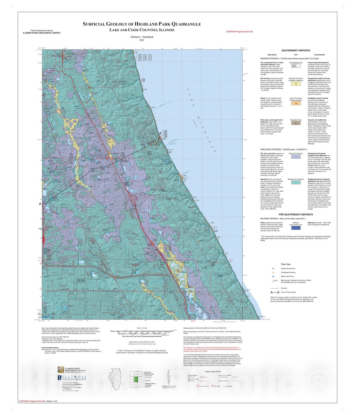 Map : Surficial geology of Highland Park quadrangle, Lake and Cook counties, Illinois, 2011 Cartography Wall Art :