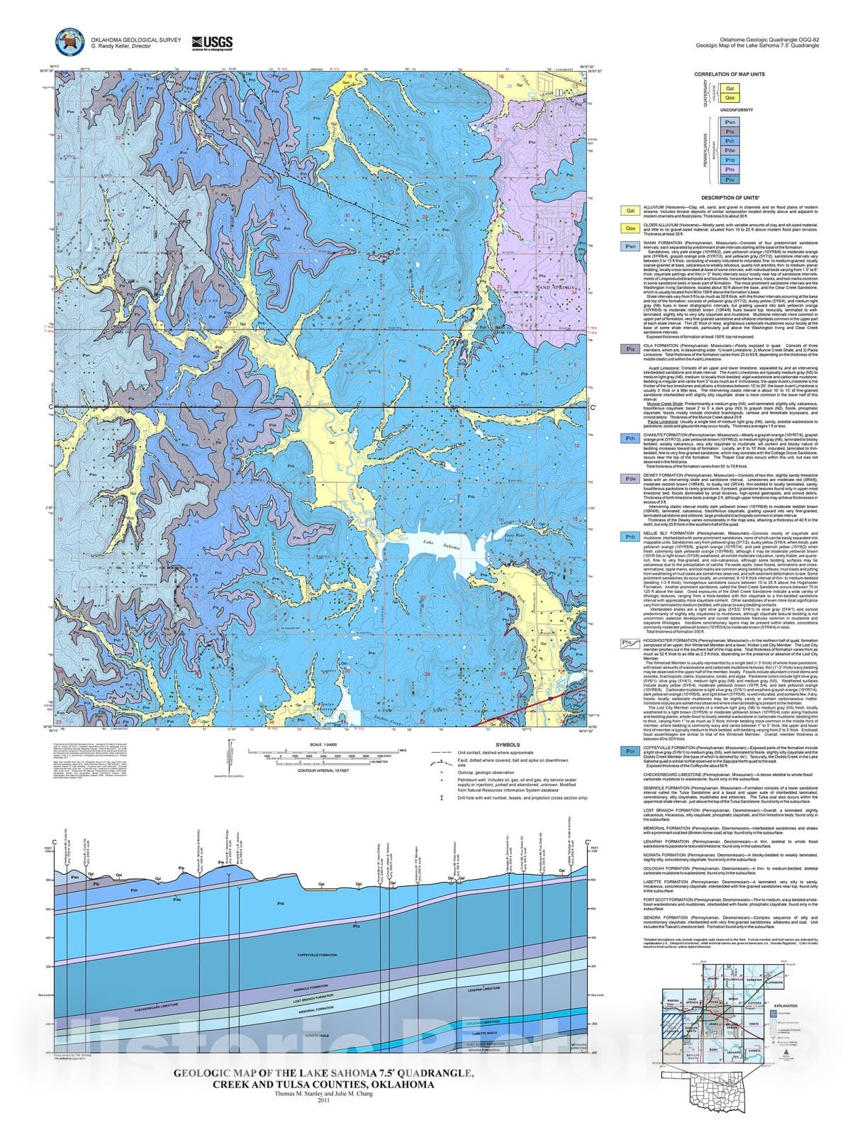 Map : Geologic Map of the Lake Sahoma 7.5' Quadrangle, Creek and Tulsa Counties, Oklahoma, 2011 Cartography Wall Art :