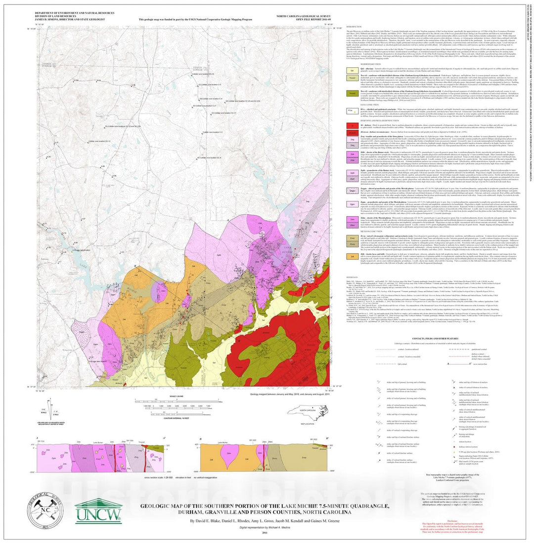 Map : Geologic map of the southern portion of the Lake Michie 7.5-minute quadrangle, Durham, Granville and Person Counties, North Carolina , 2011 Cartography Wall Art :