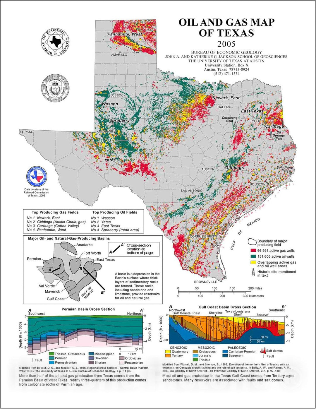 Map : Oil and Gas Map of Texas, 2005 Cartography Wall Art :