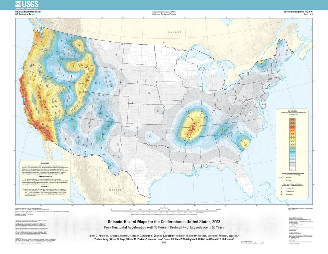 Map : Seismic-hazard maps for the conterminous United States, 2008, 2001 Cartography Wall Art :