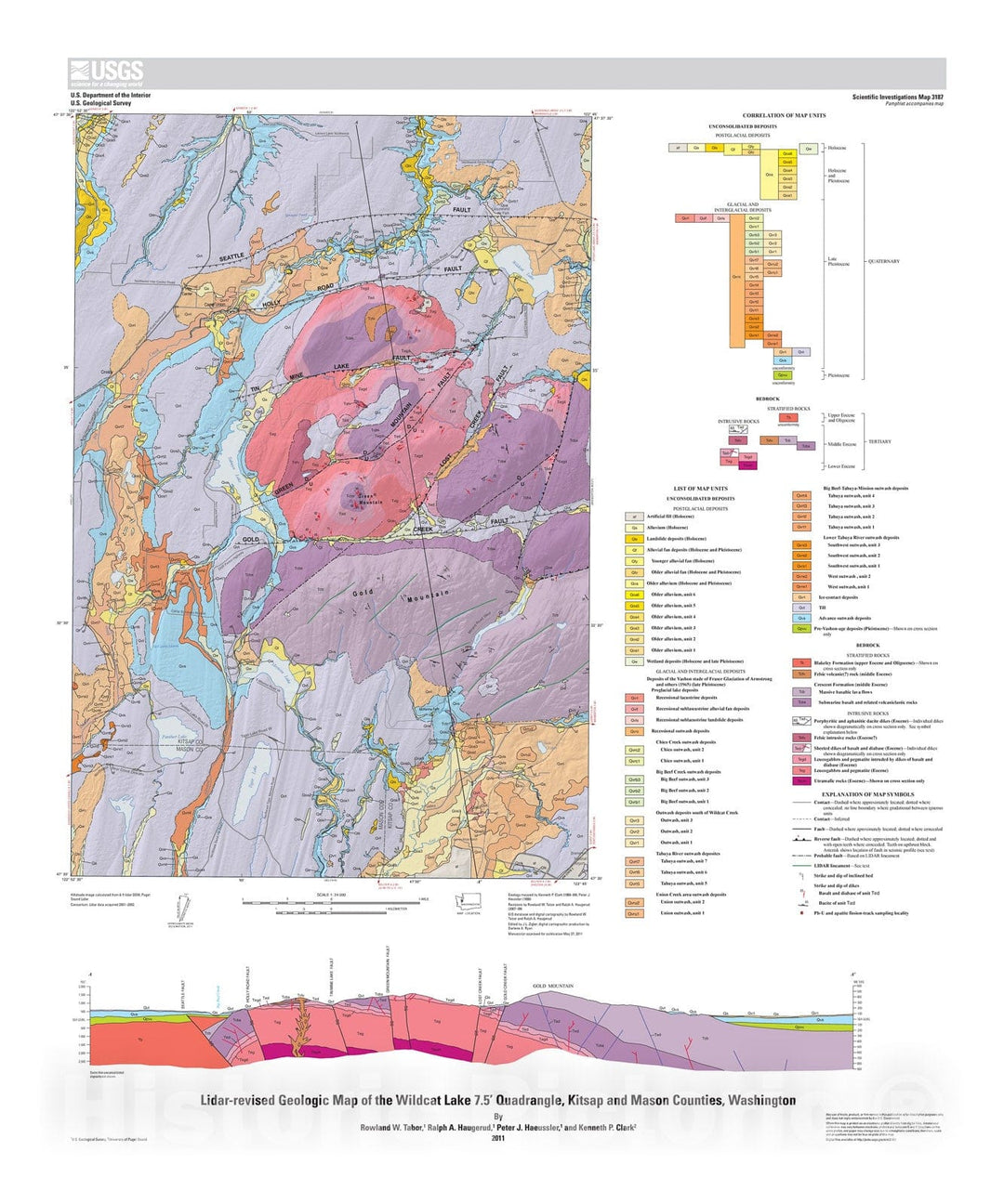 Map : Lidar-revised geologic map of the Wildcat Lake 7.5' quadrangle, Kitsap and Mason Counties, Washington, 2011 Cartography Wall Art :