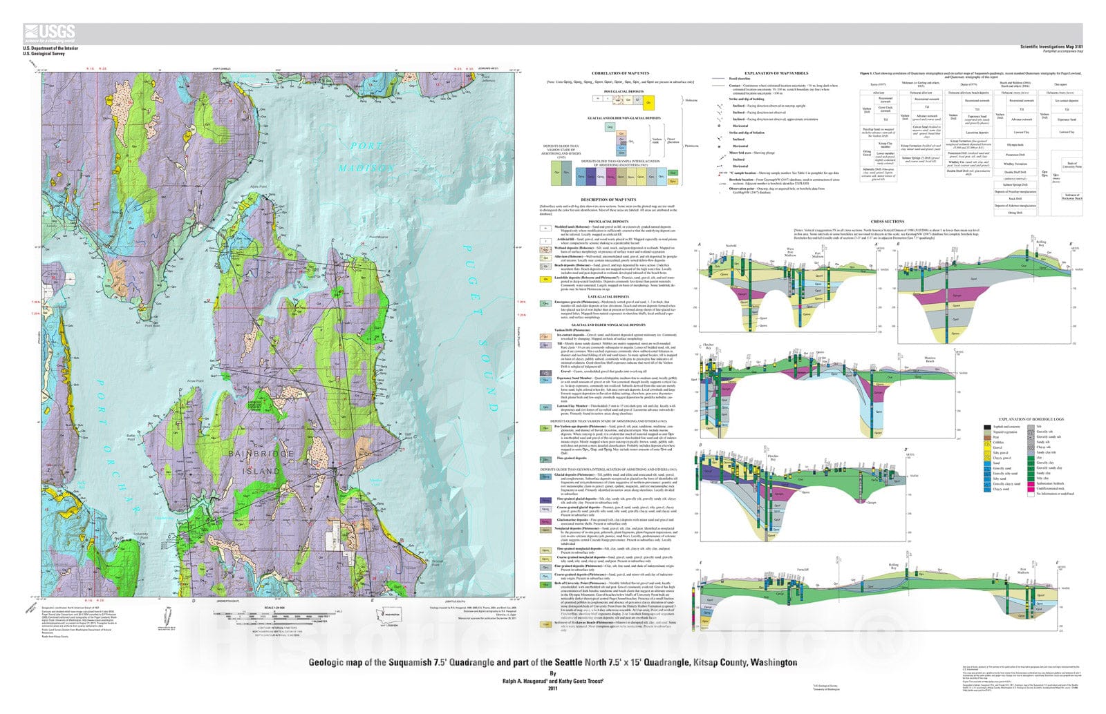 Map : Geologic map of the Suquamish 7.5' quadrangle and part of the Seattle North 7.5' x 15' quadrangle, Kitsap County, Washington, 2011 Cartography Wall Art :