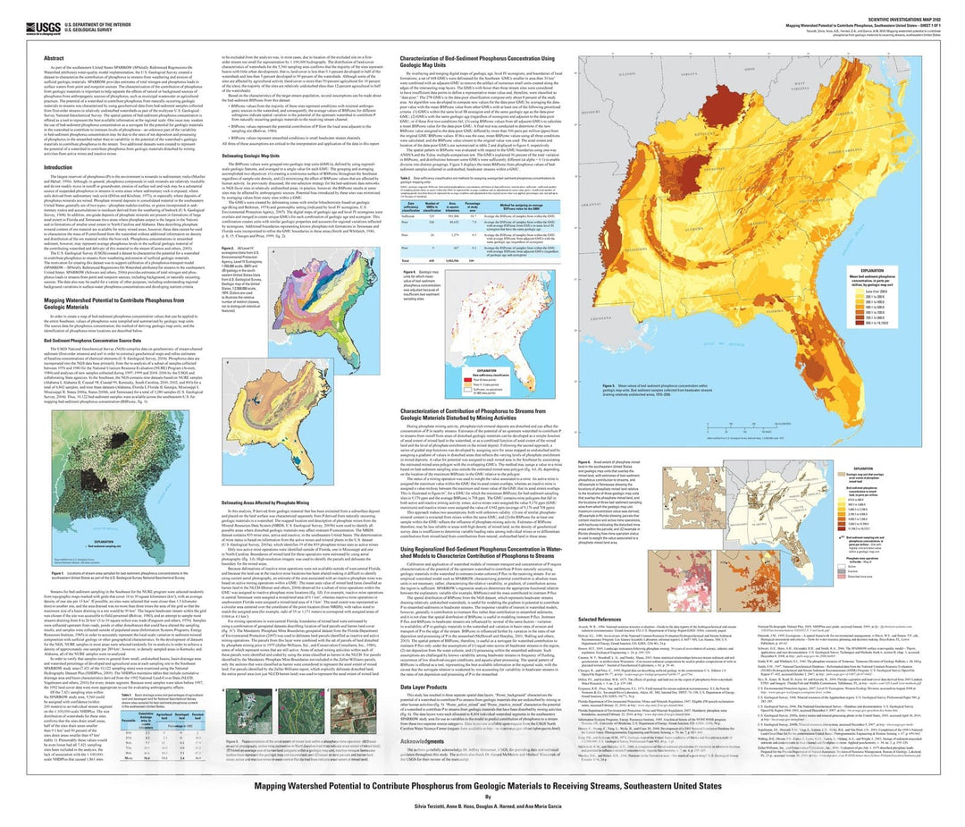 Map : Mapping watershed potential to contribute phosphorus from geologic materials to receiving streams, southeastern United States, 2010 Cartography Wall Art :