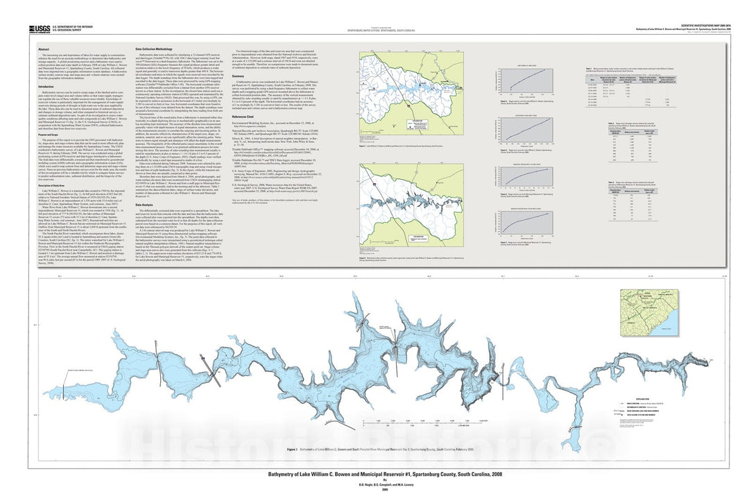 Map : Bathymetry of Lake William C. Bowen and Municipal Reservoir #1, Spartanburg County, South Carolina, 2008, 2009 Cartography Wall Art :