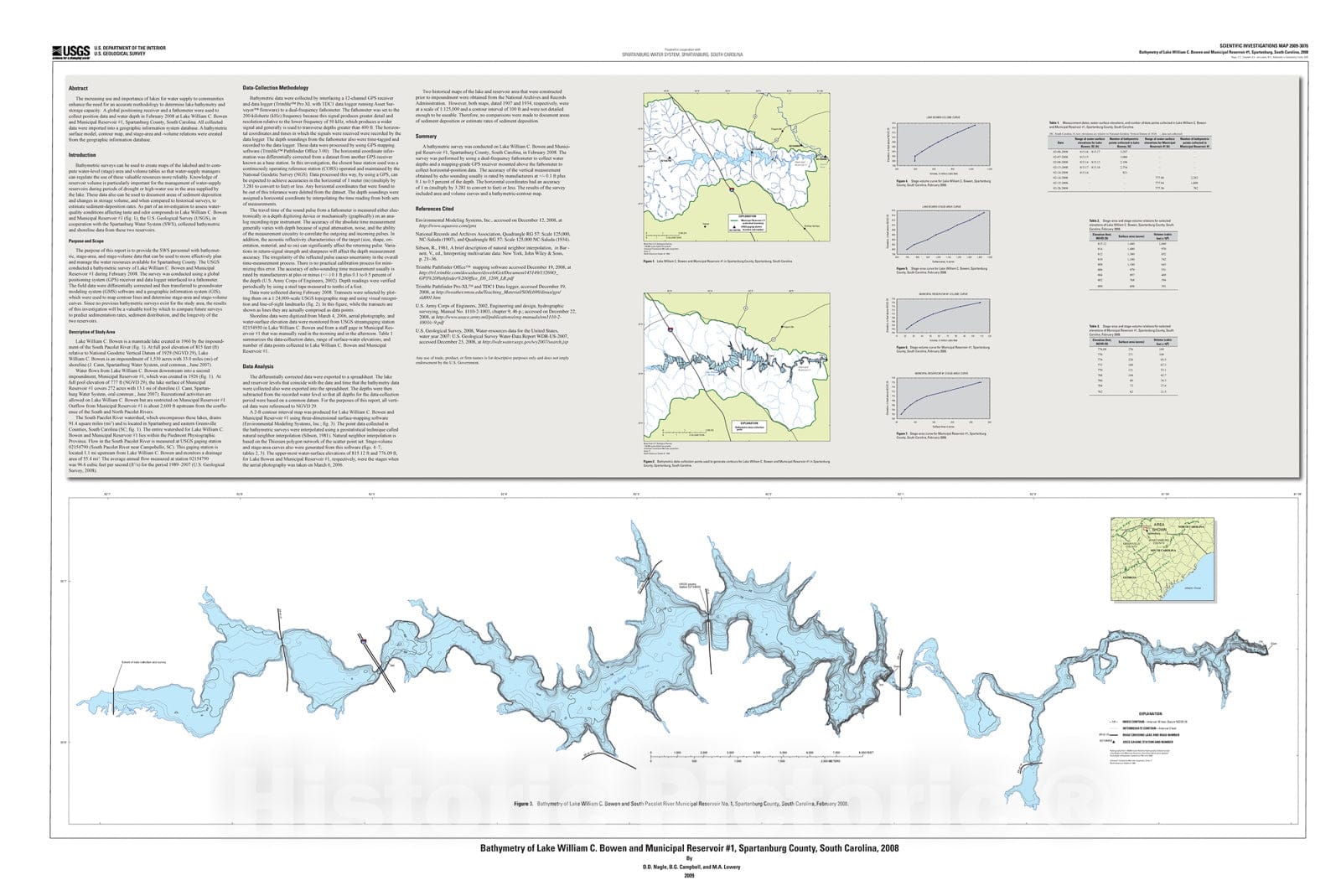 Map : Bathymetry of Lake William C. Bowen and Municipal Reservoir #1, Spartanburg County, South Carolina, 2008, 2009 Cartography Wall Art :