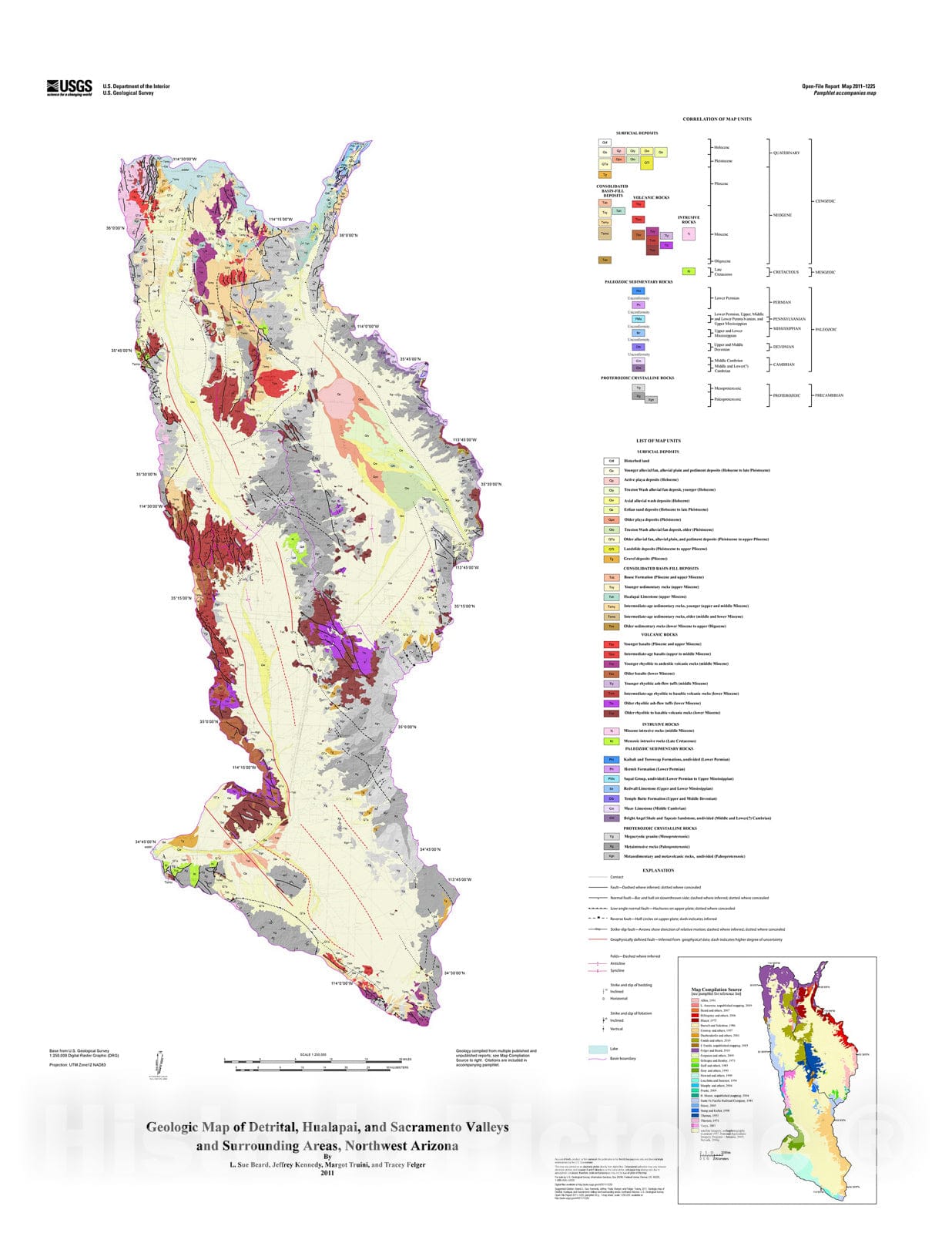 Map : Geologic map of Detrital, Hualapai, and Sacramento Valleys and surrounding areas, northwest Arizona, 2012 Cartography Wall Art :