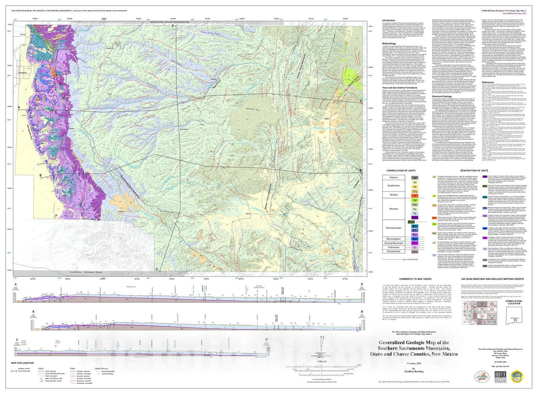 Map : Generalized geologic map of the southern Sacramento Mountains, Otero and Chaves Counties, New Mexico, 2012 Cartography Wall Art :