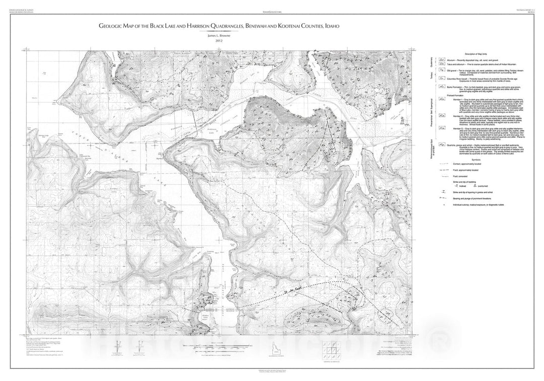 Map : Geologic Map of the Black Lake and Harrison Quadrangles, Benewah and Kootenai Counties, Idaho, 2012 Cartography Wall Art :