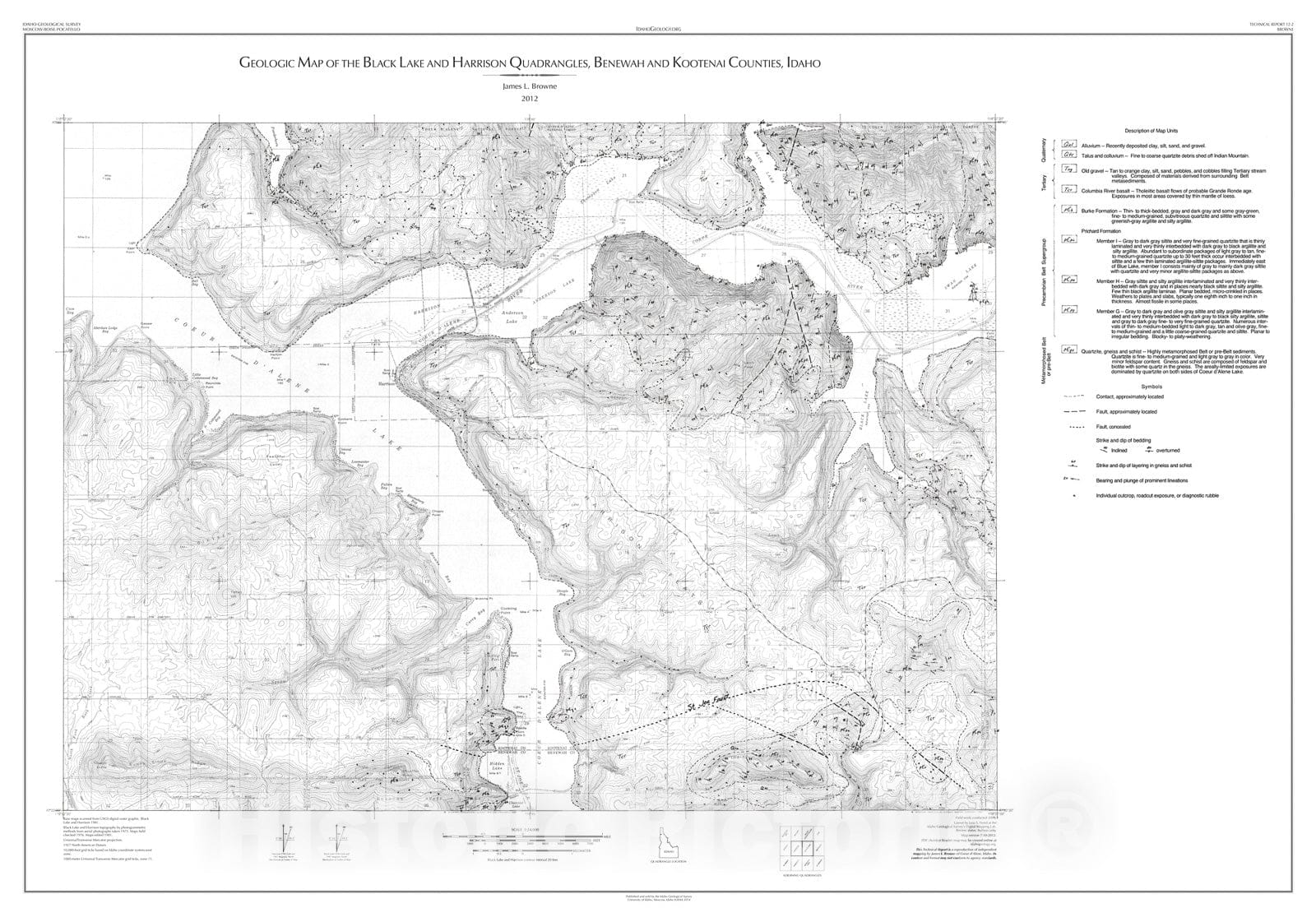 Map : Geologic Map of the Black Lake and Harrison Quadrangles, Benewah and Kootenai Counties, Idaho, 2012 Cartography Wall Art :