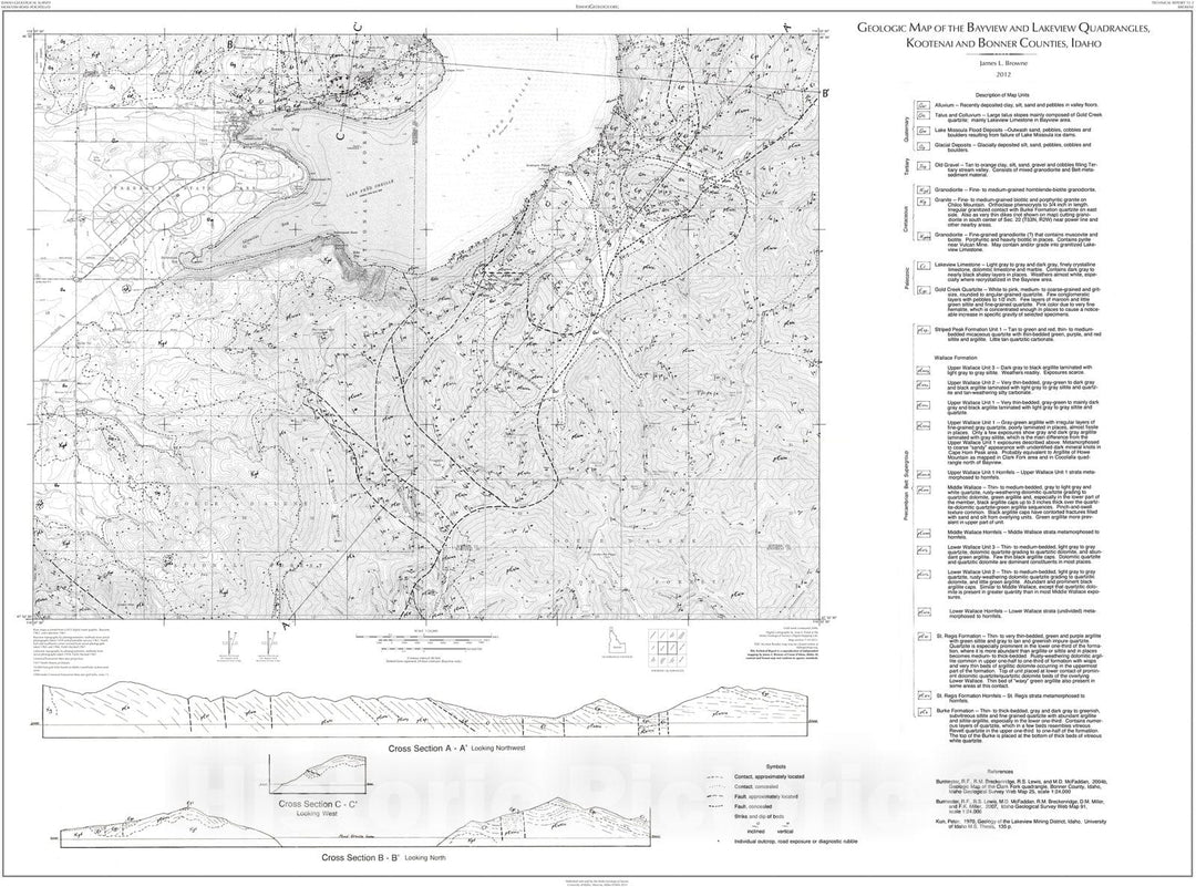 Map : Geologic Map of the Bayview and Lakeview Quadrangles, Kootenai and Bonner Counties, Idaho, 2012 Cartography Wall Art :