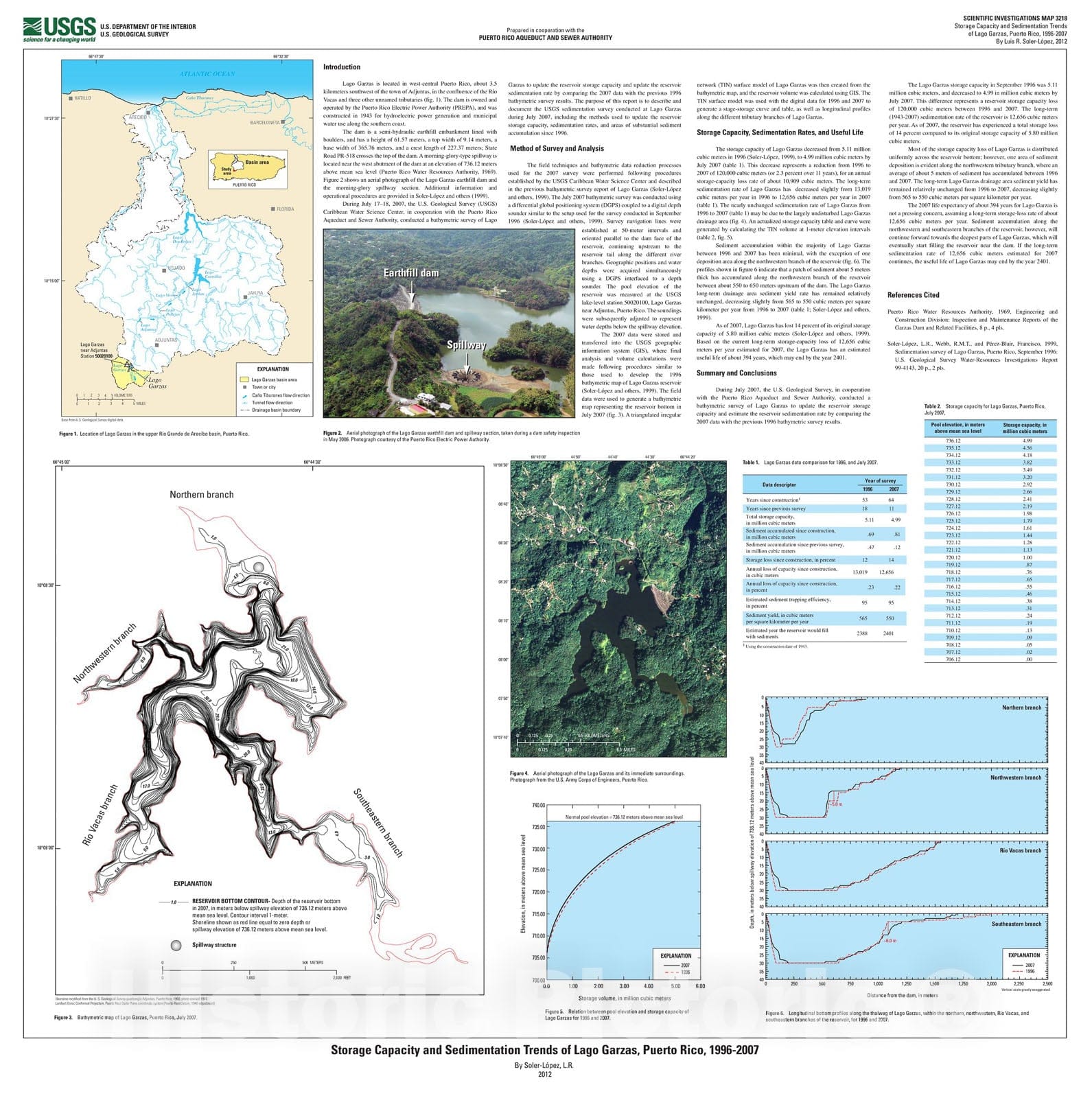 Map : Storage capacity and sedimentation trends of Lago Garzas, Puerto Rico, 1996-2007, 2012 Cartography Wall Art :