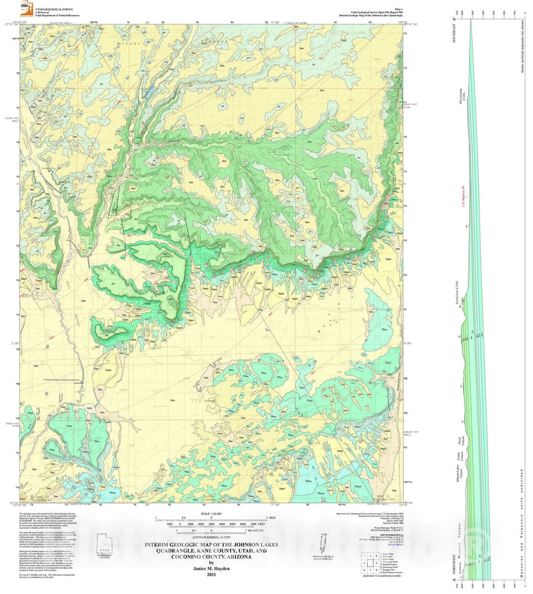 Map : Interim geologic map of the Johnson Lakes quadrangle, Kane County, Utah, and Coconino County, Arizona , 2011 Cartography Wall Art :