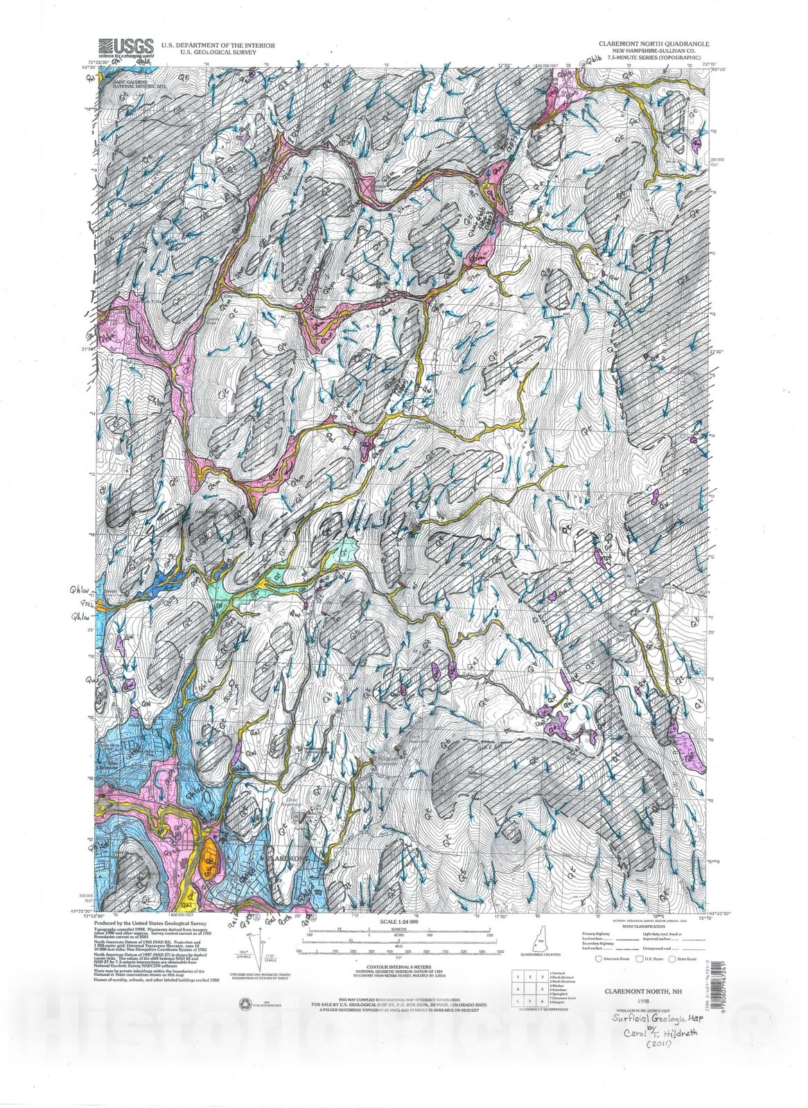 Map : Surficial Geologic Map of the Claremont North Quadrangle, 2011 Cartography Wall Art :