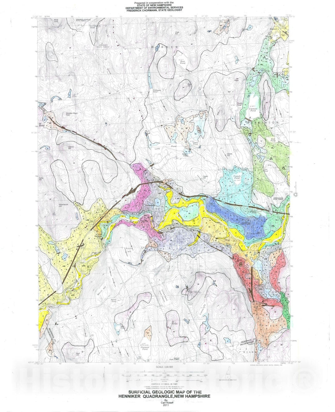 Map : Surficial Geologic Map of the Henniker Quadrangle, New Hampshire, 2011 Cartography Wall Art :