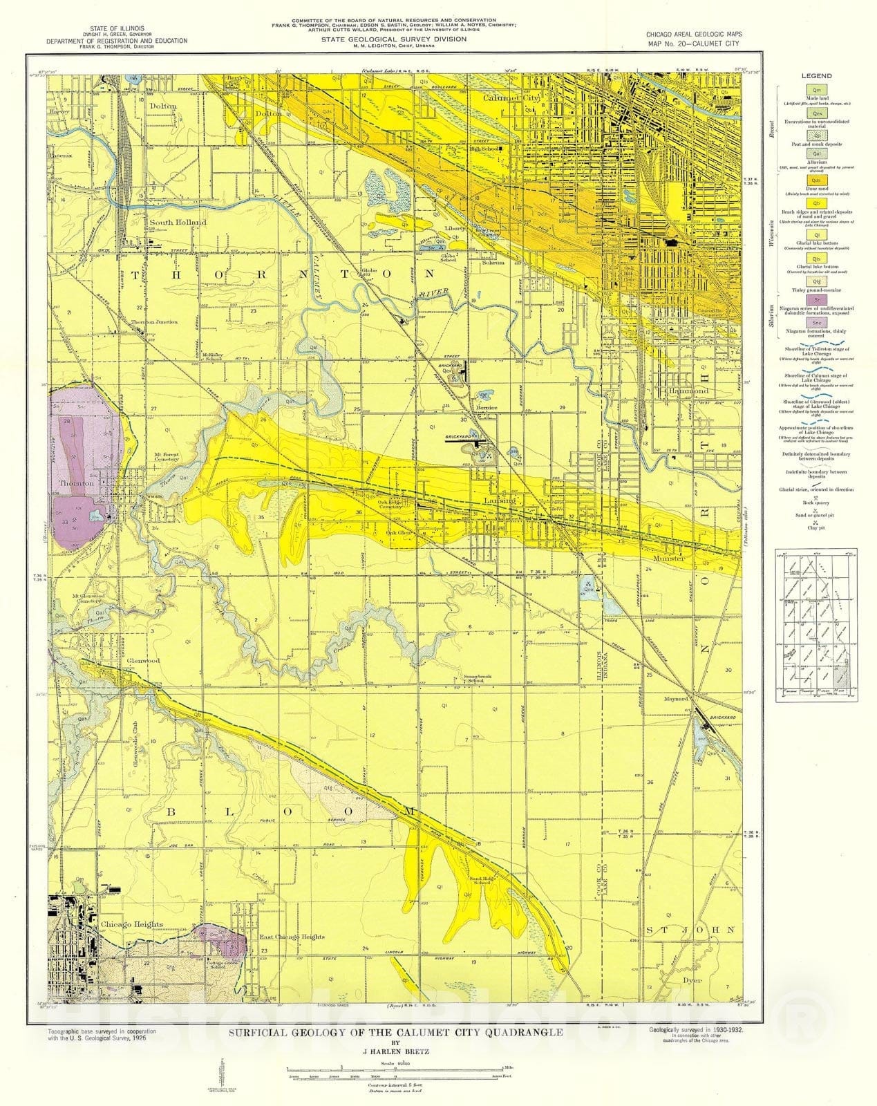 Map : Surficial geology of the Chicago region: Calumet City Quadrangle, 1939 Cartography Wall Art :