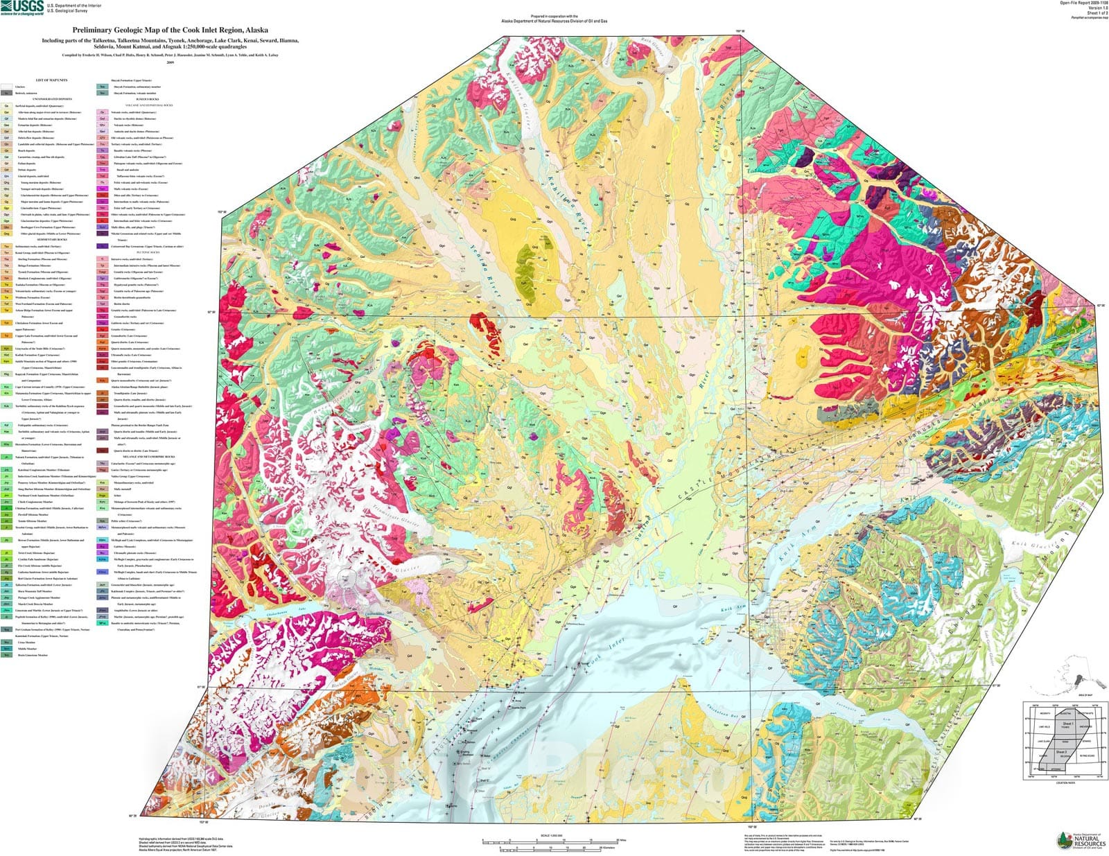 Map : Preliminary geologic map of the Cook Inlet region, Alaska, including parts of Talkeetna, Talkeetna Mountains, Tyonek, Anchorage, L, 2009 Cartography Wall Art :