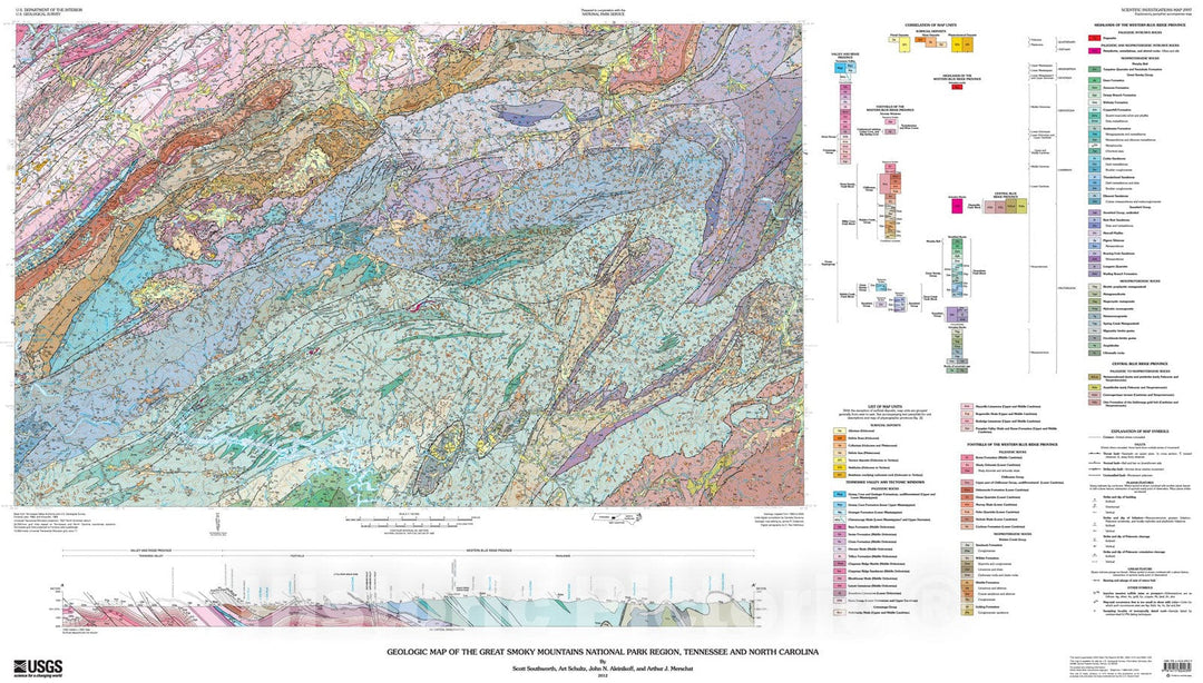 Map : Geologic map of the Great Smoky Mountains National Park region, Tennessee and North Carolina, 2012 Cartography Wall Art :