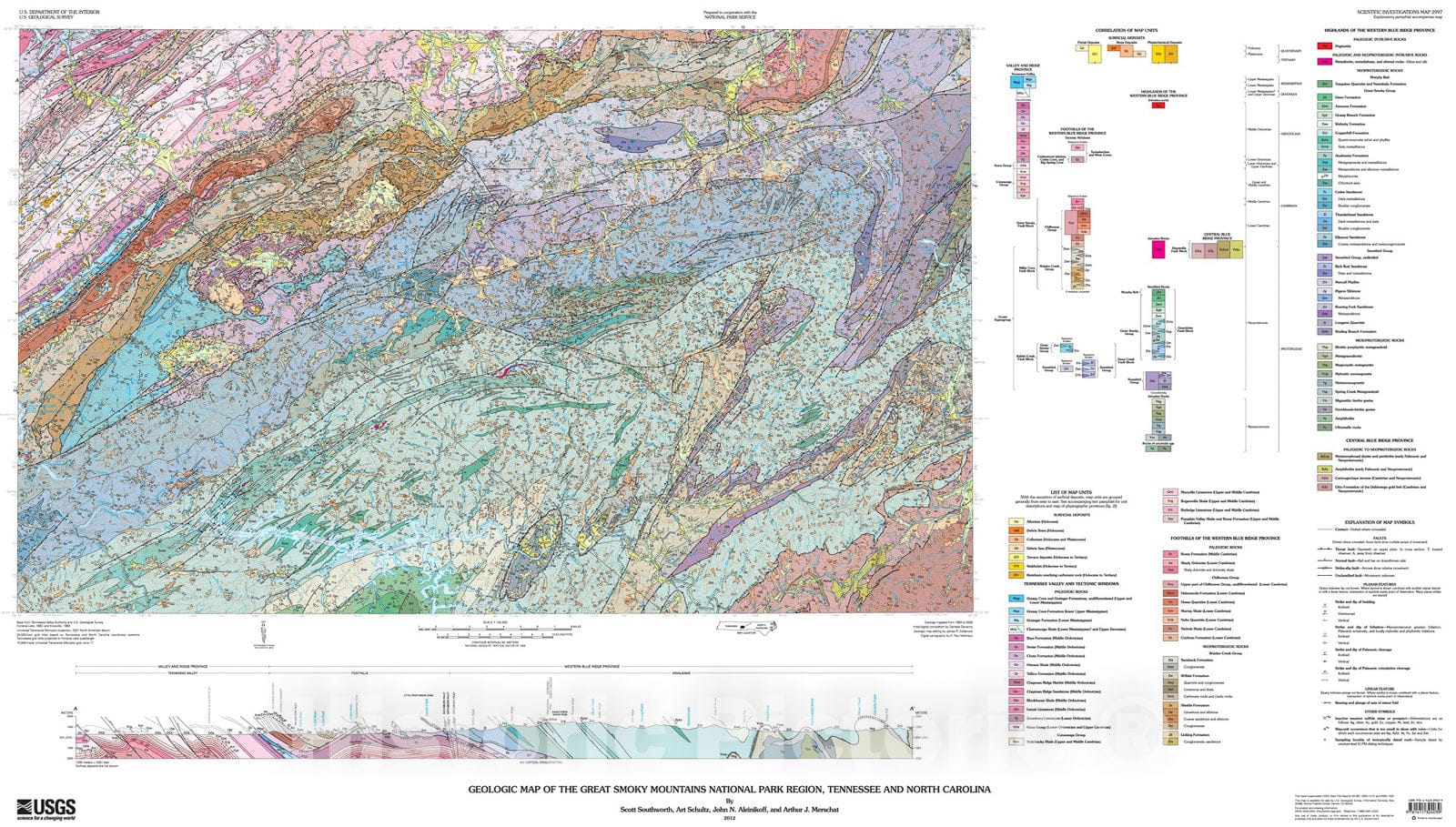 Map : Geologic map of the Great Smoky Mountains National Park region, Tennessee and North Carolina, 2012 Cartography Wall Art :