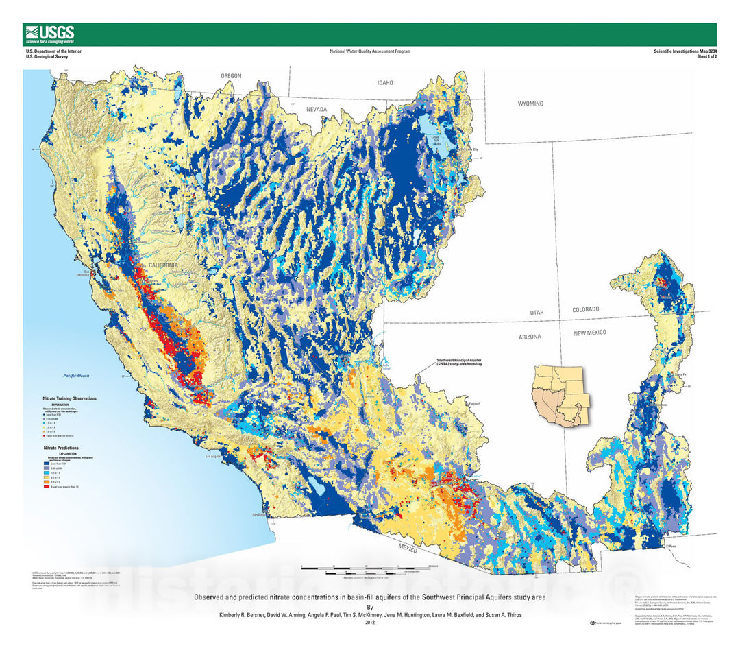 Map : Maps of estimated nitrate and arsenic concentrations for basin fill aquifers of the southwestern United States, 2012 Cartography Wall Art :