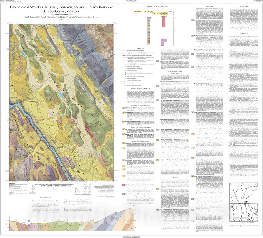 Map : Geologic Map of the Curley Creek Quadrangle, Boundary County, Idaho, and Lincoln County, Montana, 2012 Cartography Wall Art :