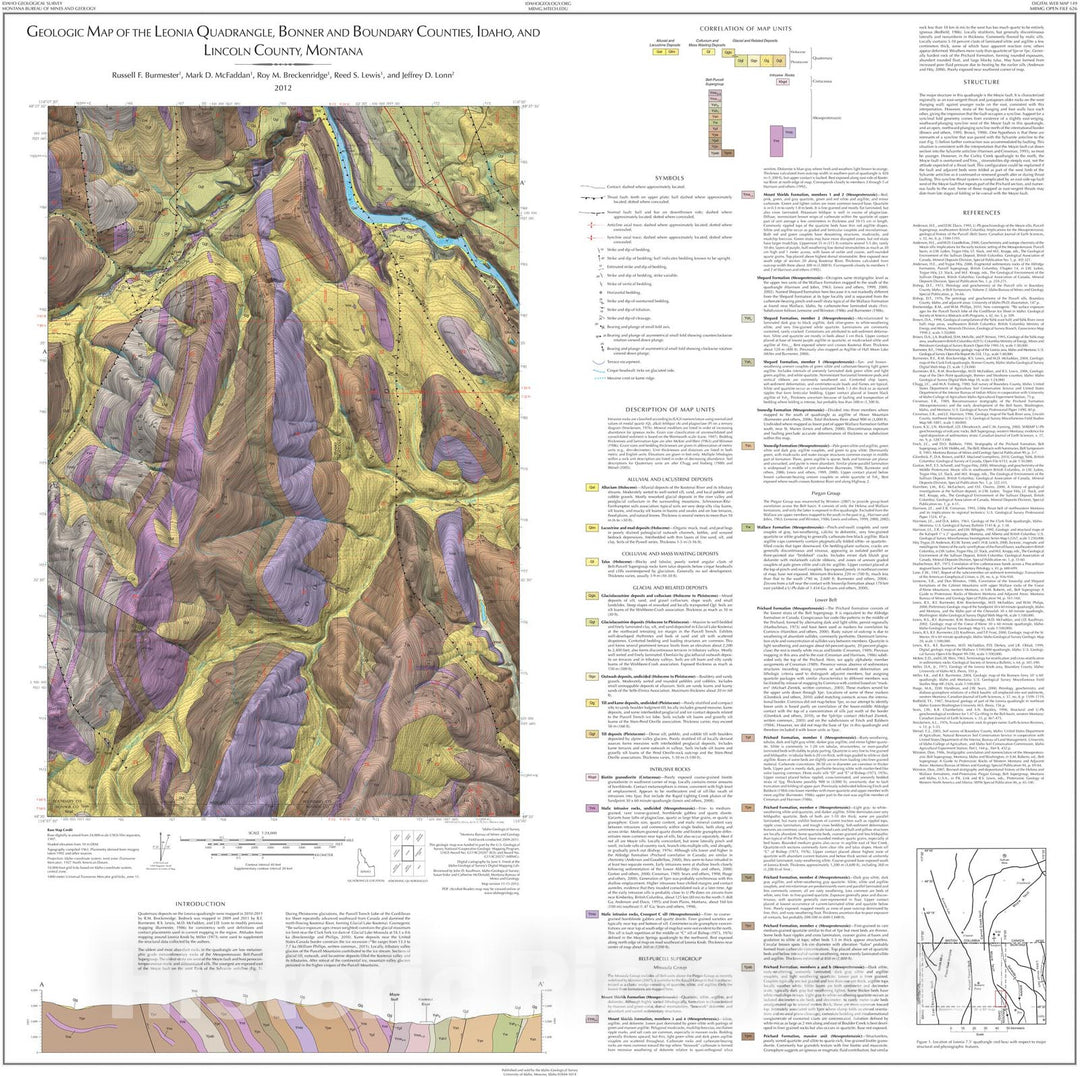 Map : Geologic Map of the Leonia Quadrangle, Bonner and Boundary Counties, Idaho, and Lincoln County, Montana, 2012 Cartography Wall Art :