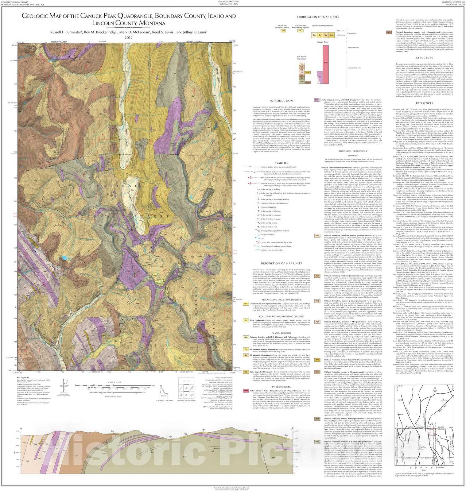 Map : Geologic Map of the Canuck Peak Quadrangle, Boundary County, Idaho, and Lincoln County, Montana, 2012 Cartography Wall Art :