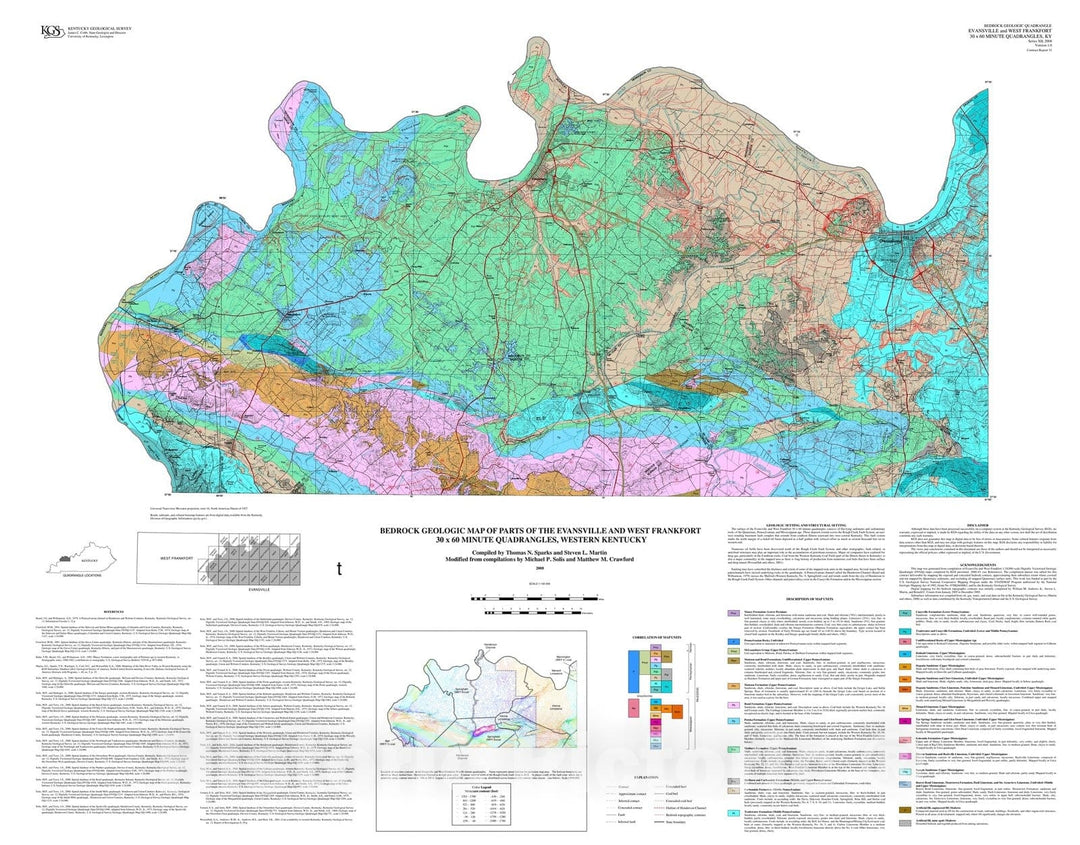 Map : Bedrock geologic map of parts of the Evansville and West Frankfort thirty x sixty minute quadrangles, western Kentucky, 2008 Cartography Wall Art :