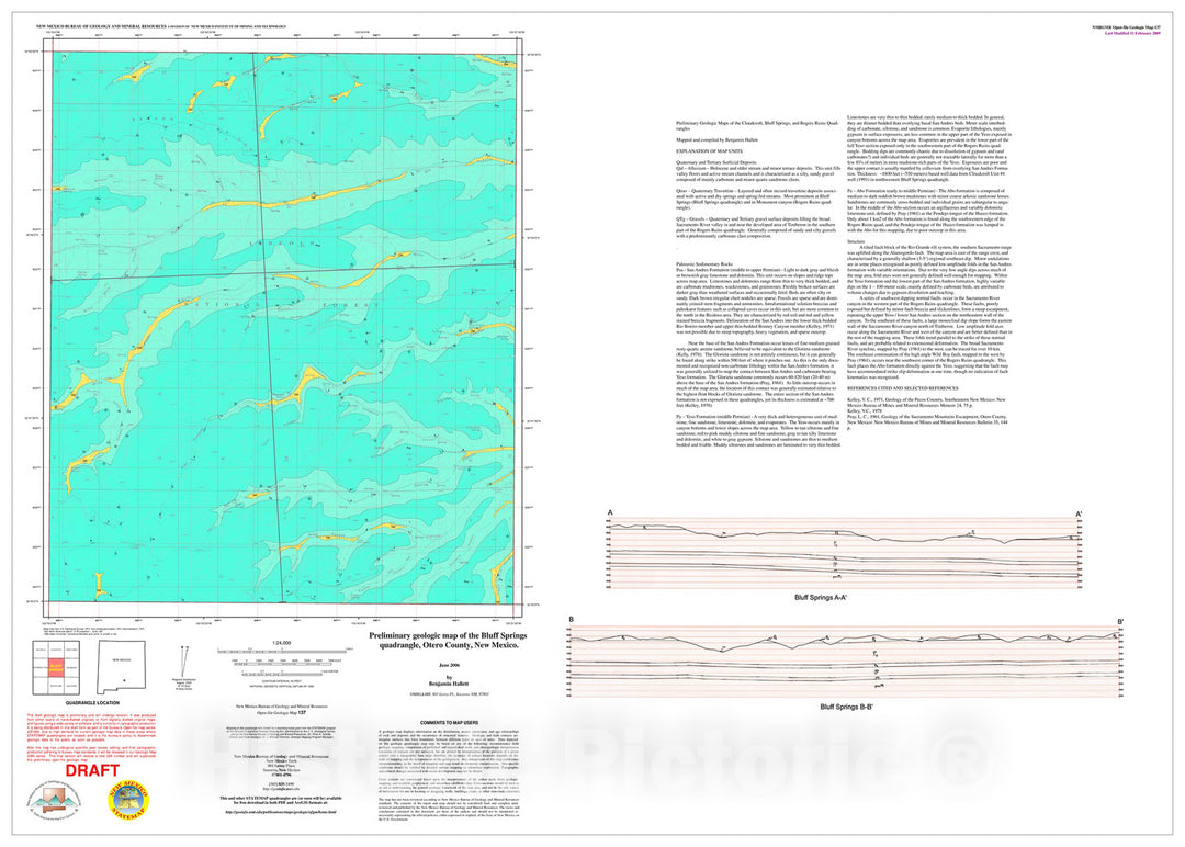 Map : Preliminary geologic map of the Bluff Springs 7.5-minute quadrangle map, Otero County, New Mexico, 2009 Cartography Wall Art :