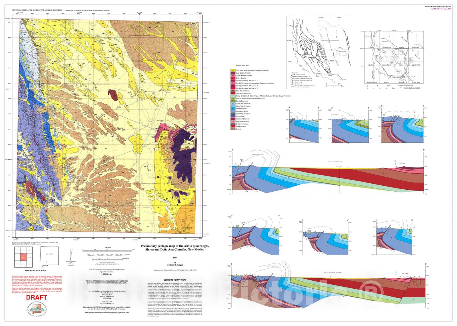 Map : Preliminary geologic map of the Alivio quadrangle, Sierra and Dona Ana Counties, New Mexico, 1995 Cartography Wall Art :