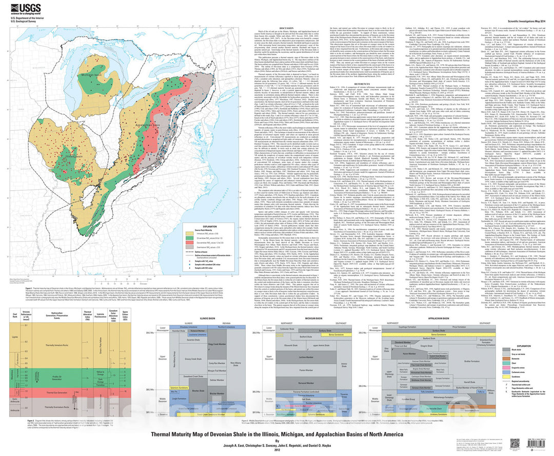 Map : Thermal maturity map of Devonian shale in the Illinois, Michigan, and Appalachian Basins of North America, 2012 Cartography Wall Art :