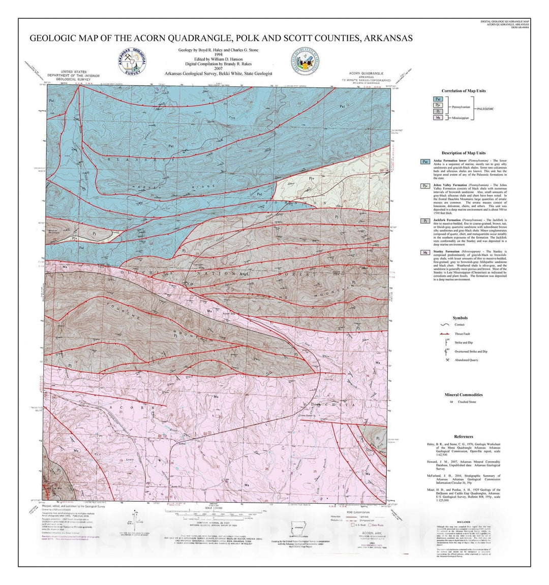 Map : Geologic map of the Acorn Quadrangle, Polk and Scott counties, Arkansas, 2007 Cartography Wall Art :