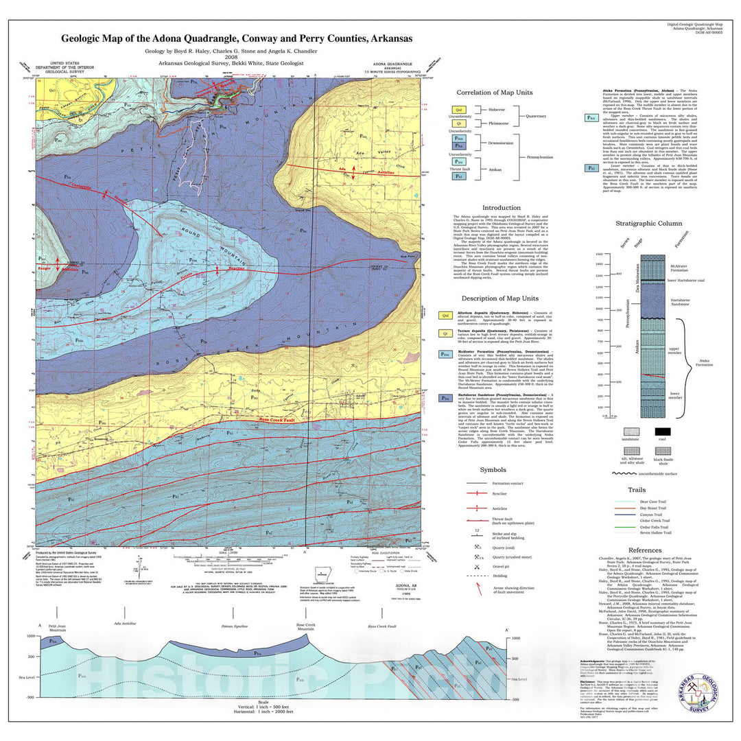 Map : Geologic map of the Adona Quadrangle, Conway and Perry counties, Arkansas, 2008 Cartography Wall Art :