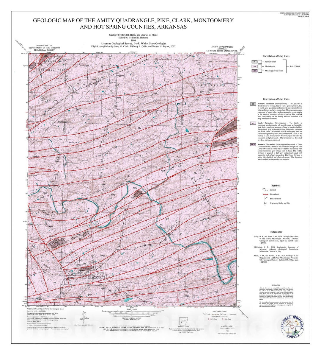 Map : Geologic map of the Amity Quadrangle, Pike, Clark, Montgomery, and Hot Spring counties, Arkansas, 2007 Cartography Wall Art :