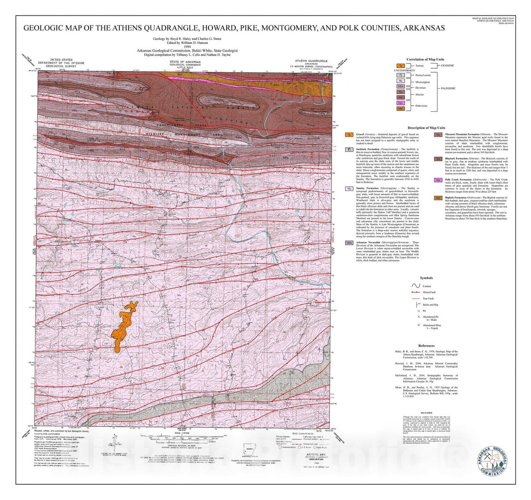 Map : Geologic map of the Athens Quadrangle, Howard, Pike, Montgomery, and Polk counties, Arkansas, 1994 Cartography Wall Art :