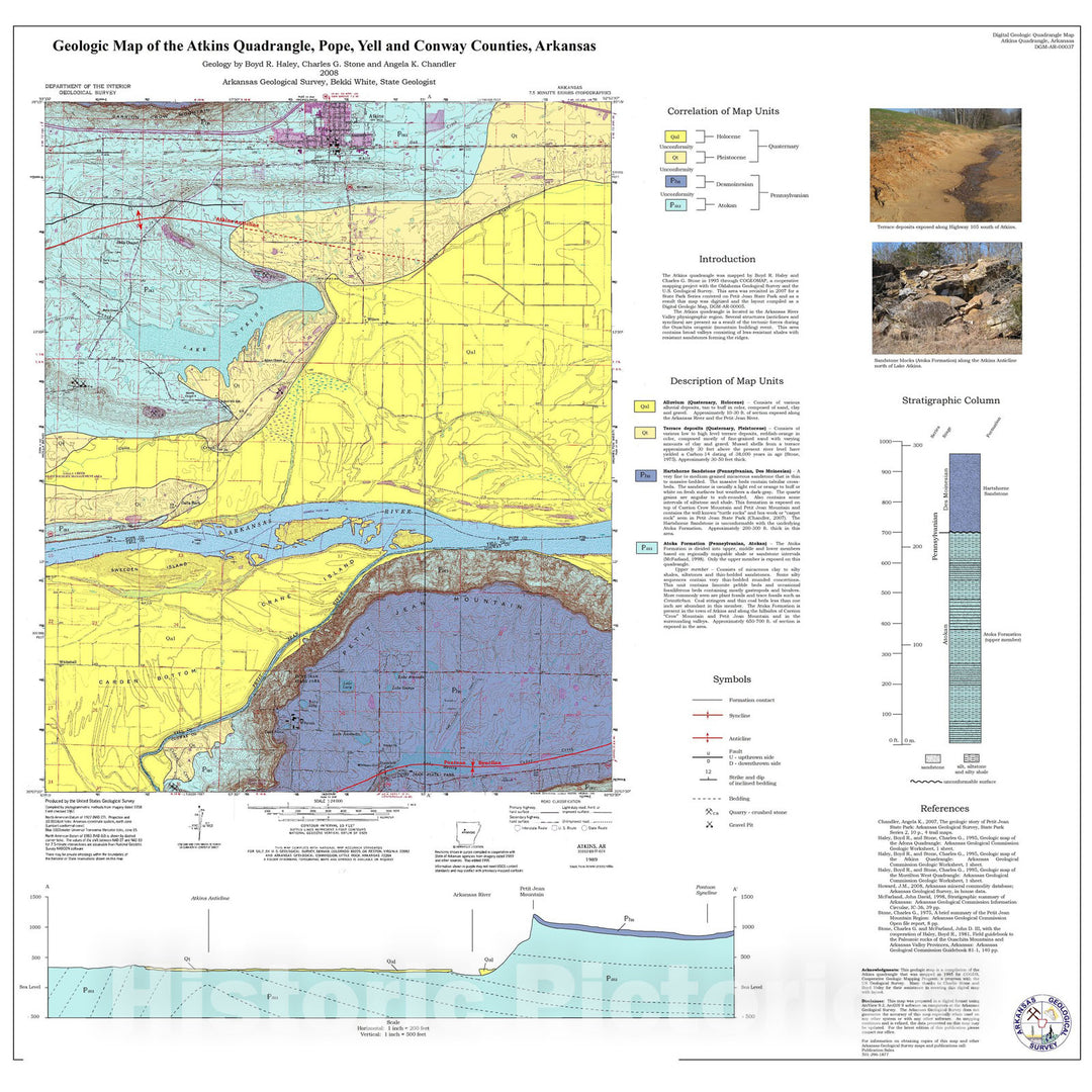 Map : Geologic map of the Atkins Quadrangle, Pope, Yell, and Conway counties, Arkansas, 2008 Cartography Wall Art :