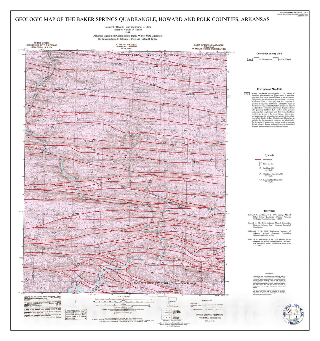 Map : Geologic map of the Baker Springs Quadrangle, Howard and Polk counties, Arkansas, 1994 Cartography Wall Art :