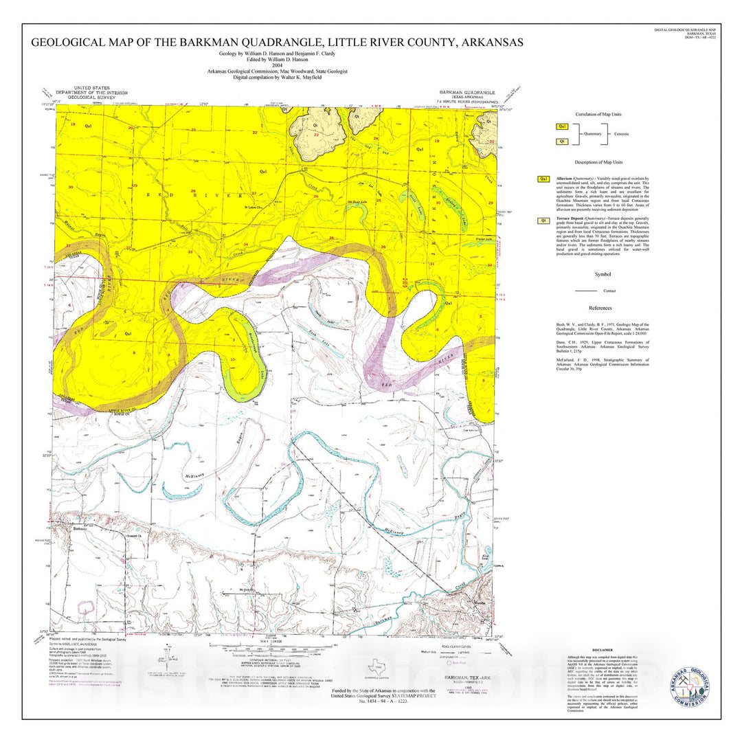 Map : Geological map of the Barkman Quadrangle, Little River County, Arkansas, 2004 Cartography Wall Art :