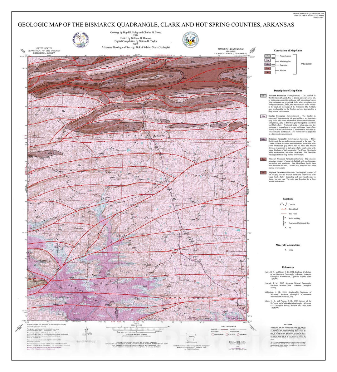 Map : Geologic map of the Bismarck Quadrangle, Clark and Hot Spring counties, Arkansas, 2007 Cartography Wall Art :