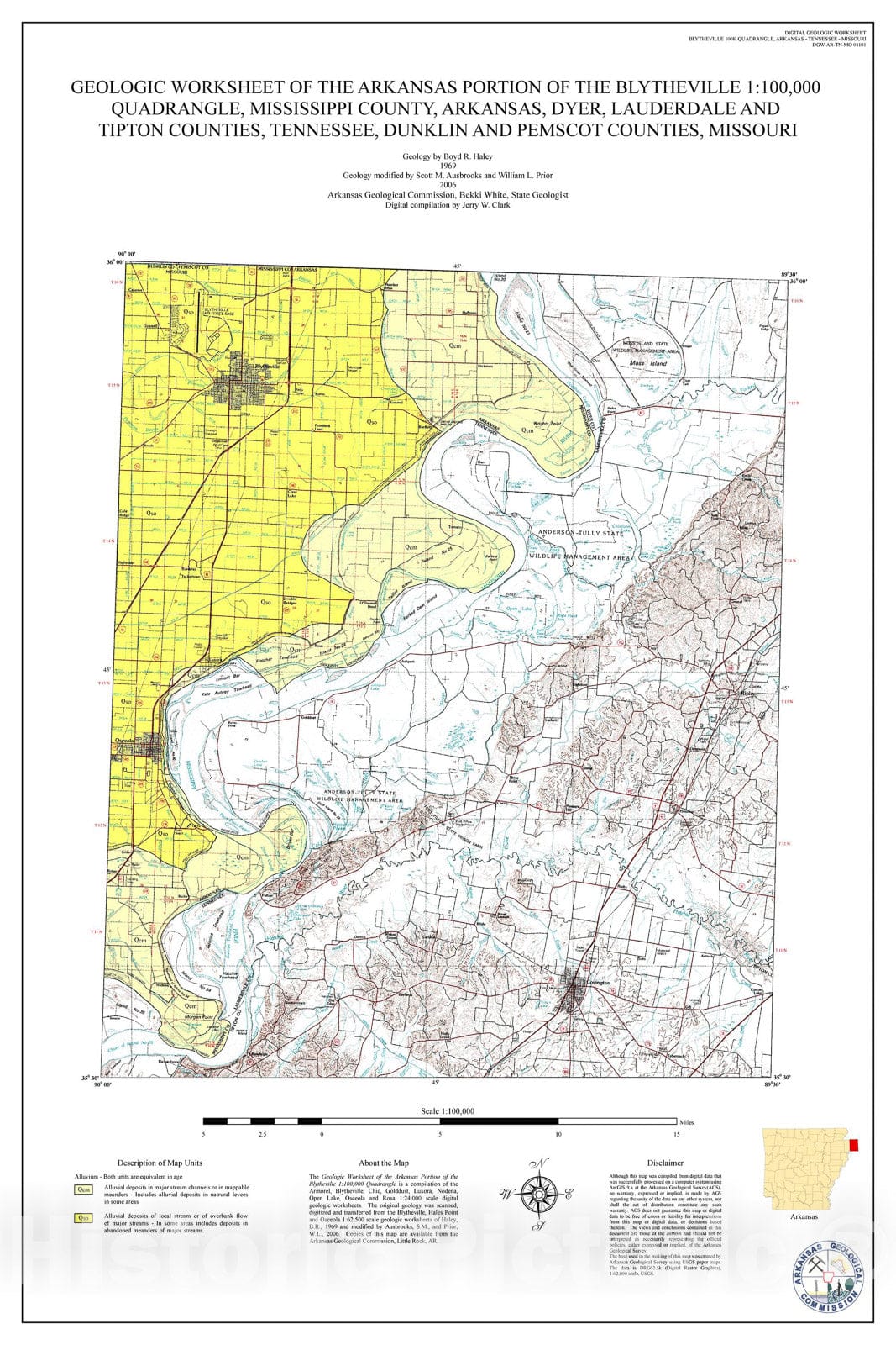 Map : Geologic worksheet of the Arkansas portion of the Blytheville 1:100,000 Quadrangle, Mississippi County, Arkansas, Dyer, Lauderdale, 2006 Cartography Wall Art :