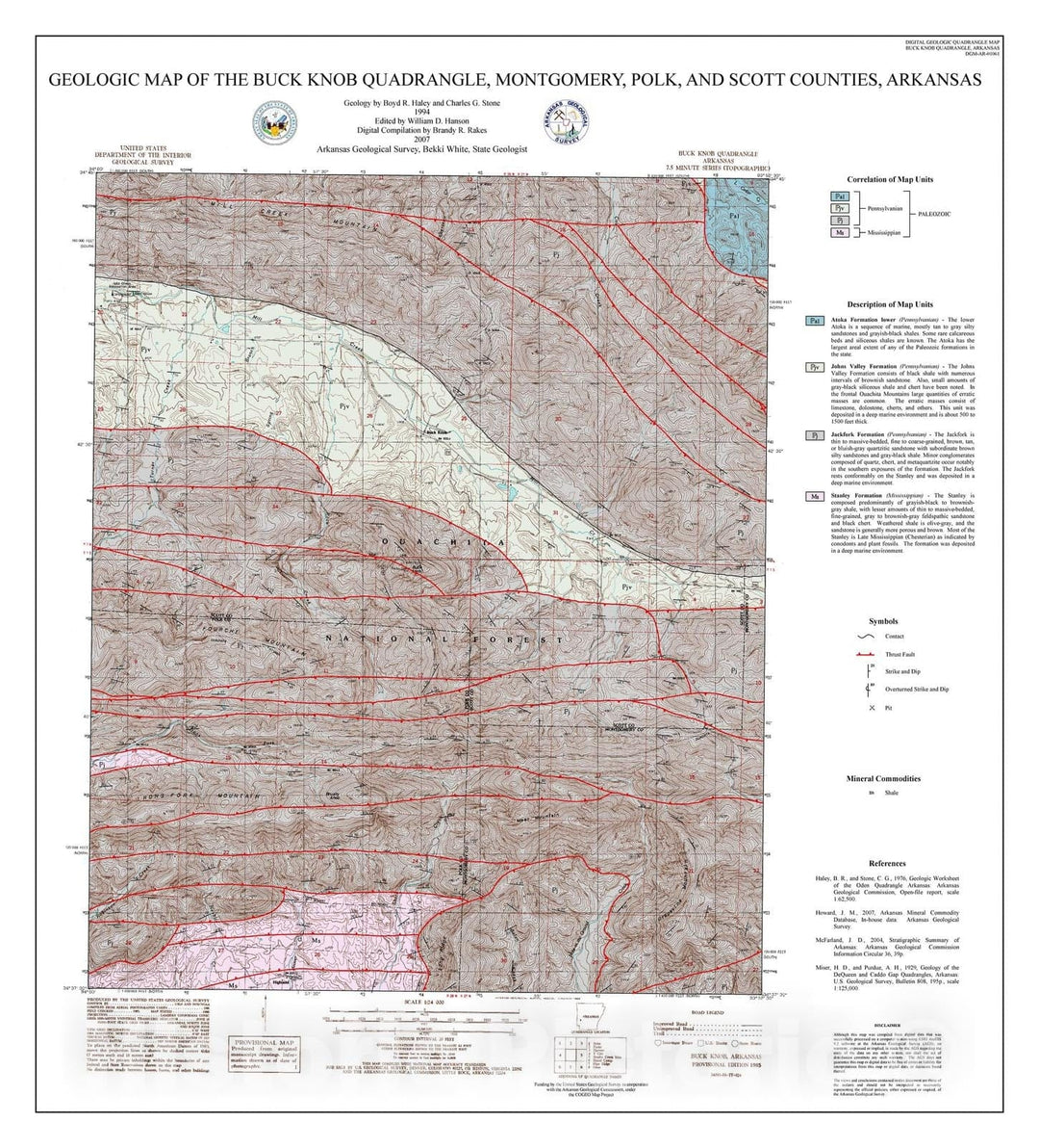 Map : Geologic map of the Buck Knob Quadrangle, Montgomery, Polk, and Scott counties, Arkansas, 2007 Cartography Wall Art :