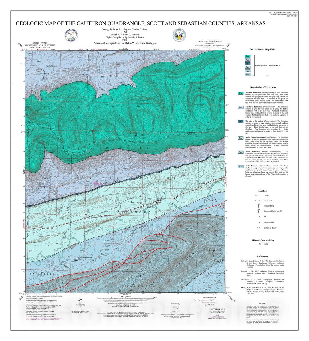 Map : Geologic map of the Cauthron Quadrangle, Scott and Sebastian counties, Arkansas, 2007 Cartography Wall Art :