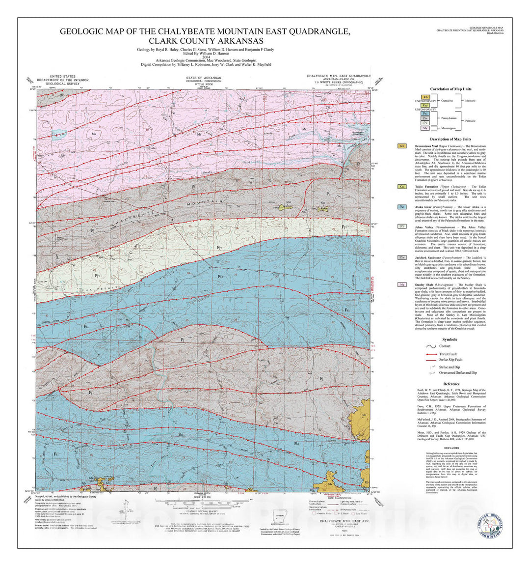 Map : Geologic map of the Chalybeate Mountain East Quadrangle, Clark County, Arkansas, 2004 Cartography Wall Art :